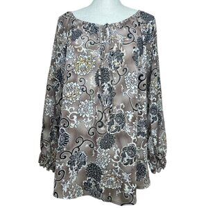 CATO Long Sleeve Taupe Floral Blouse with Gold Accents - Size XL
